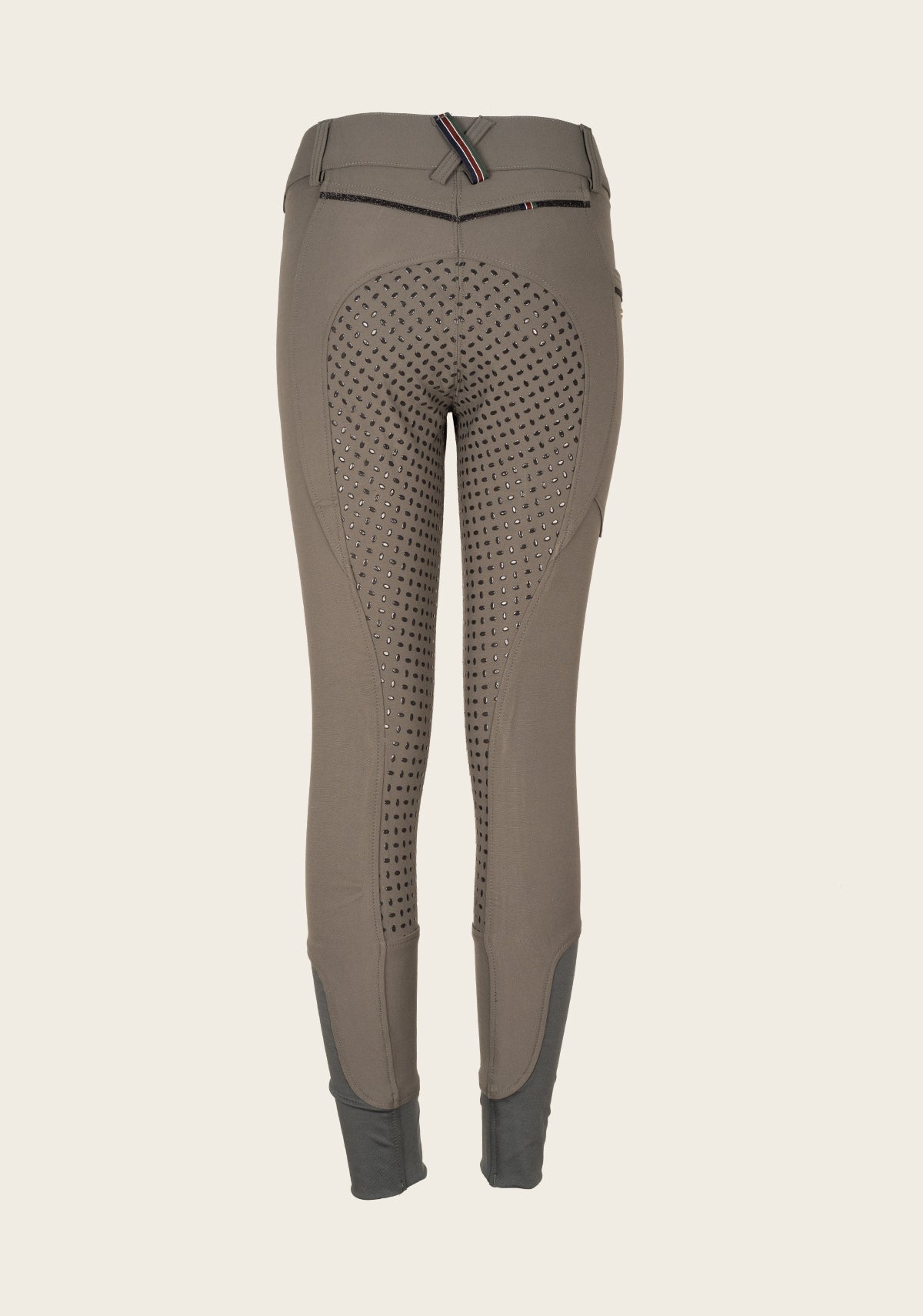 Back view of Espoir breech featuring signature crossed back belt loop and contoured seams for rider comfort.