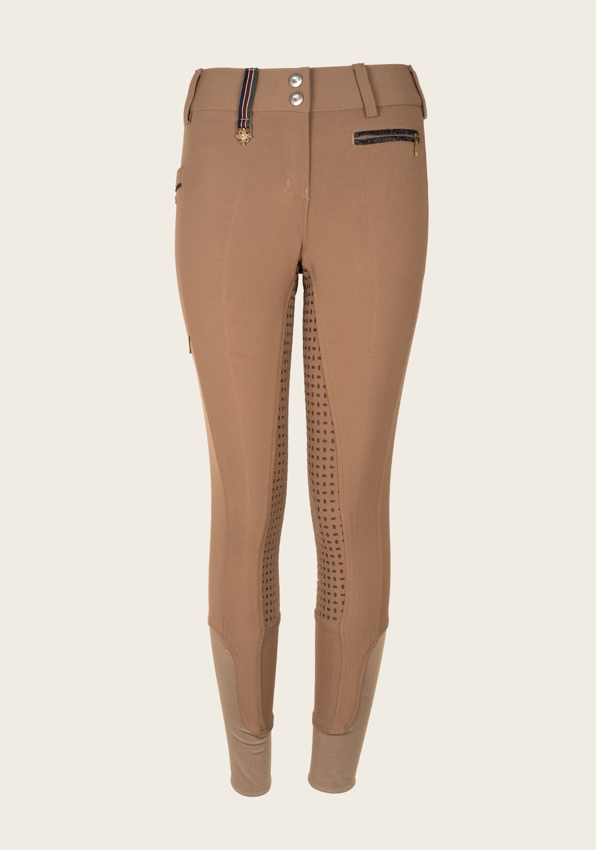 Front view of Espoir breech showing mid-to-low rise fit, glitter zip accents, and sleek technical silhouette.