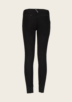 Back view of Espoir Breech showcasing signature crossed back belt loop in Espoir colors, contoured seams, and smooth waistband for rider comfort and style.