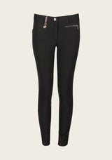 Front view of Espoir Breech with phone pocket, featuring mid-to-low rise fit, tone-on-tone glitter zip details, and slimming stitch lines for a flattering silhouette.