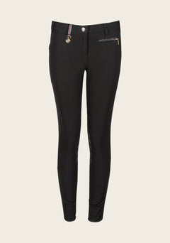 Front view of Espoir Breech with phone pocket, featuring mid-to-low rise fit, tone-on-tone glitter zip details, and slimming stitch lines for a flattering silhouette.
