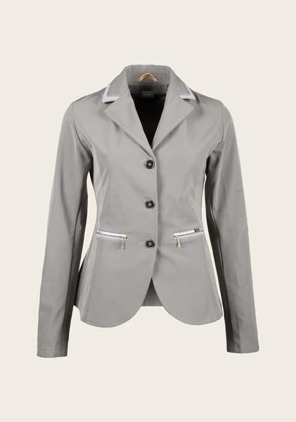 Front view of Espoir show jacket featuring custom gold buttons, princess-style seams, and breathable stretch fabric for a tailored equestrian fit.