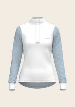 Front view of Espoir Full Circle equestrian shirt featuring structured collar, buttoned front panel, breathable UV-resistant fabric, and hand-illustrated design – South African craftsmanship.