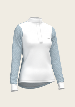 Side profile of Espoir Full Circle equestrian shirt showing contoured fit, technical stretch fabric, and elegant collar – designed for rider comfort and style.