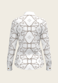 Back view of Espoir Full Circle show shirt showing smooth silhouette, hidden zip closure, and elegant pleat structure.