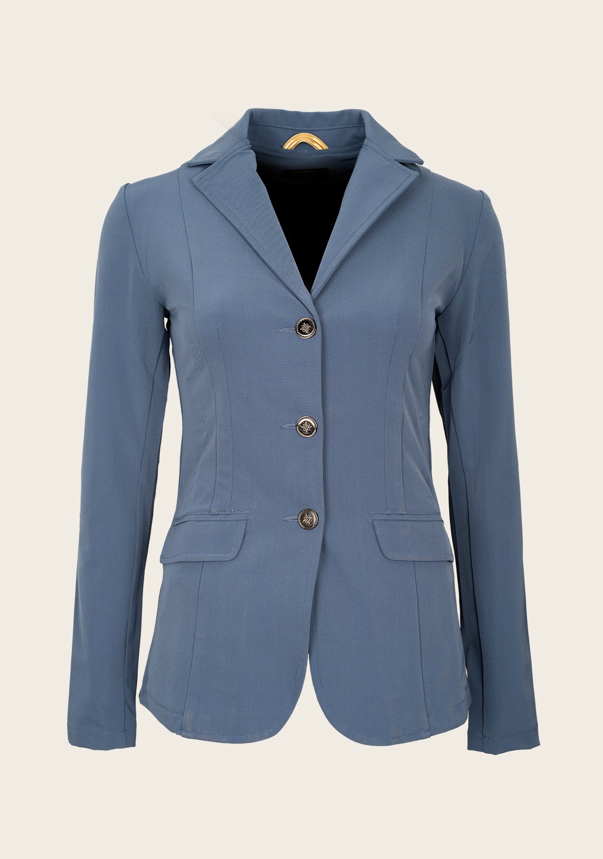 Front view of Espoir ultra-light show jacket featuring gold buttons, princess seams, and lightweight stretch fabric for warm-weather riding.
