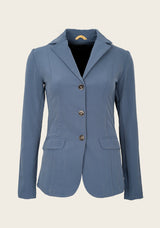 Front view of Espoir ultra-light show jacket featuring gold buttons, princess seams, and lightweight stretch fabric for warm-weather riding.