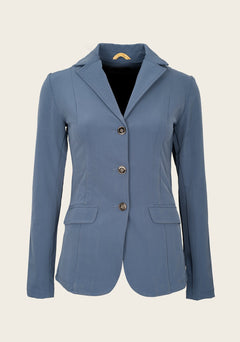 Front view of Espoir ultra-light show jacket featuring gold buttons, princess seams, and lightweight stretch fabric for warm-weather riding.