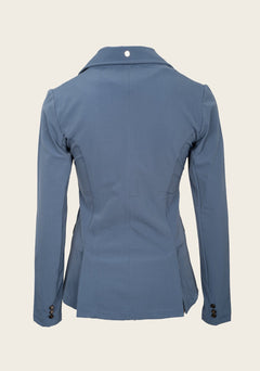 Back view of Espoir show jacket highlighting tailored silhouette, smooth seam lines, and elegant competition styling.
