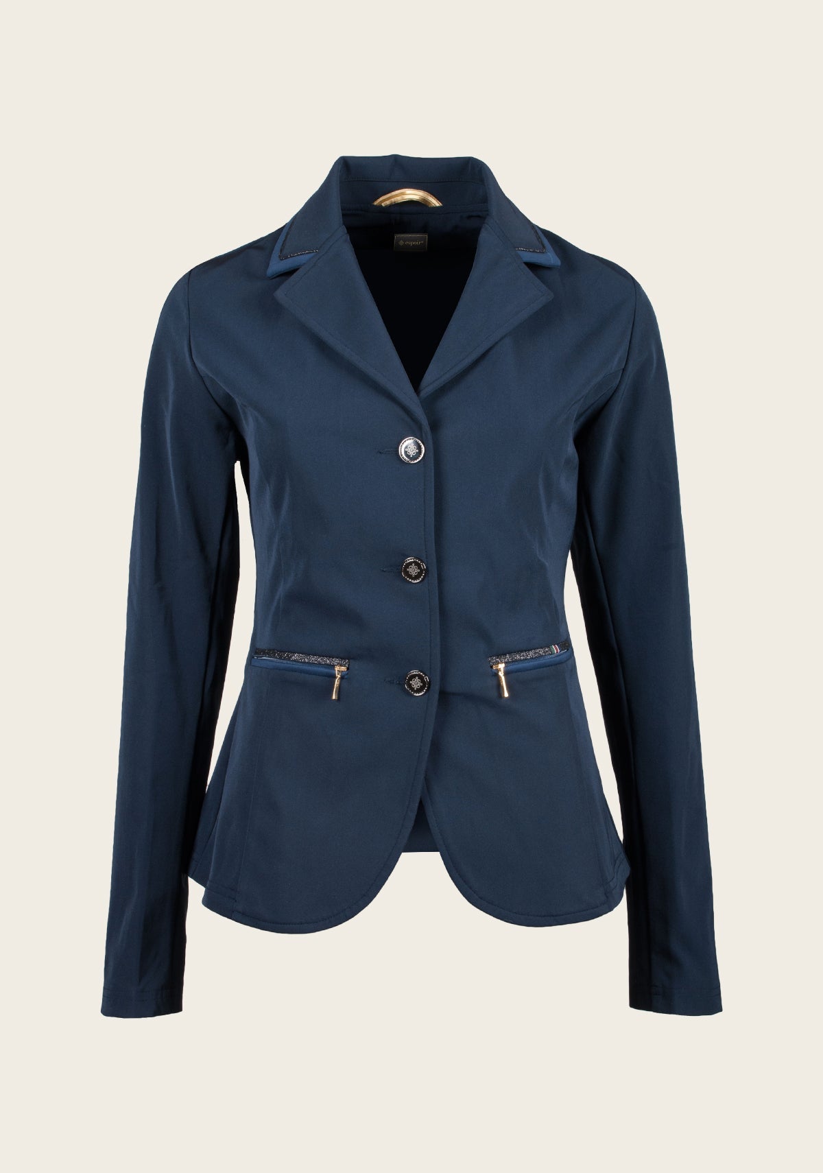 Front view of Espoir ultra-light show jacket featuring gold buttons, princess seams, and breathable Coolmax® fabric.