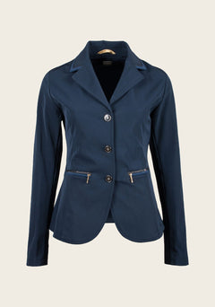 Front view of Espoir ultra-light show jacket featuring gold buttons, princess seams, and breathable Coolmax® fabric.