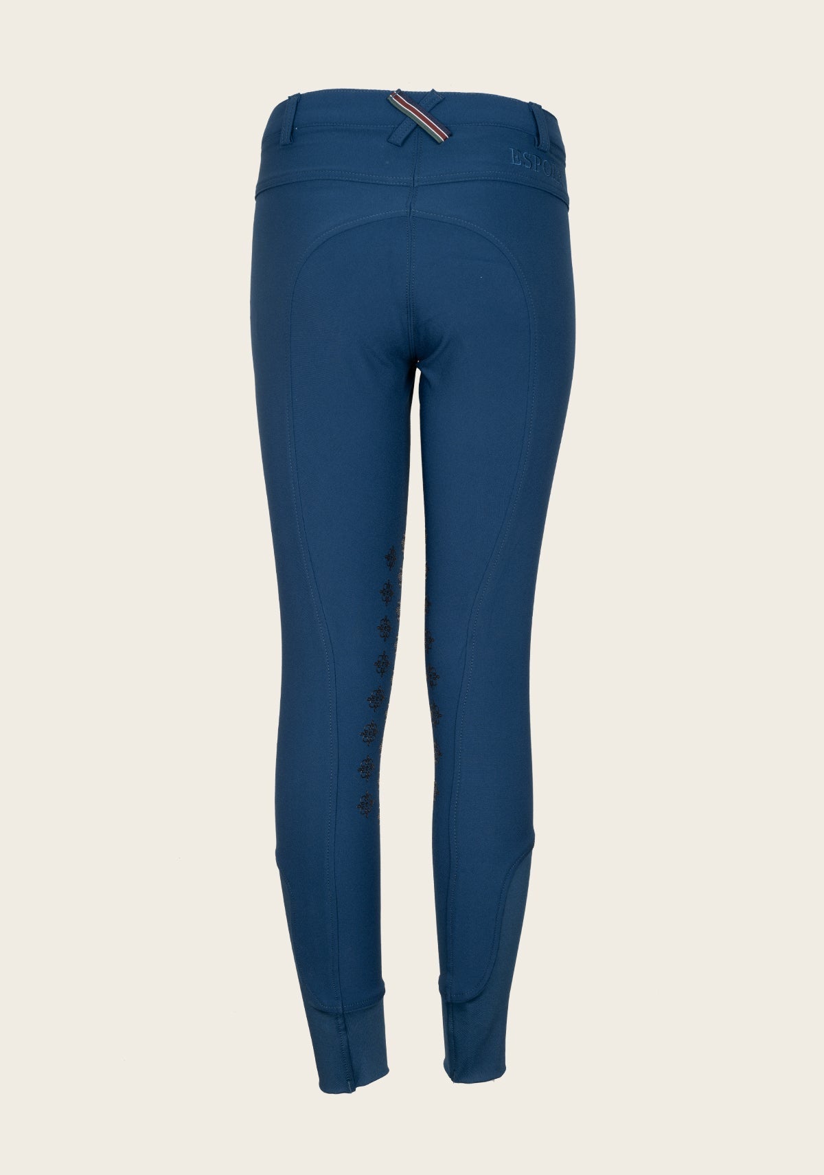 Back view of Espoir breech featuring signature crossed belt loop in brand colors and smooth tailoring
