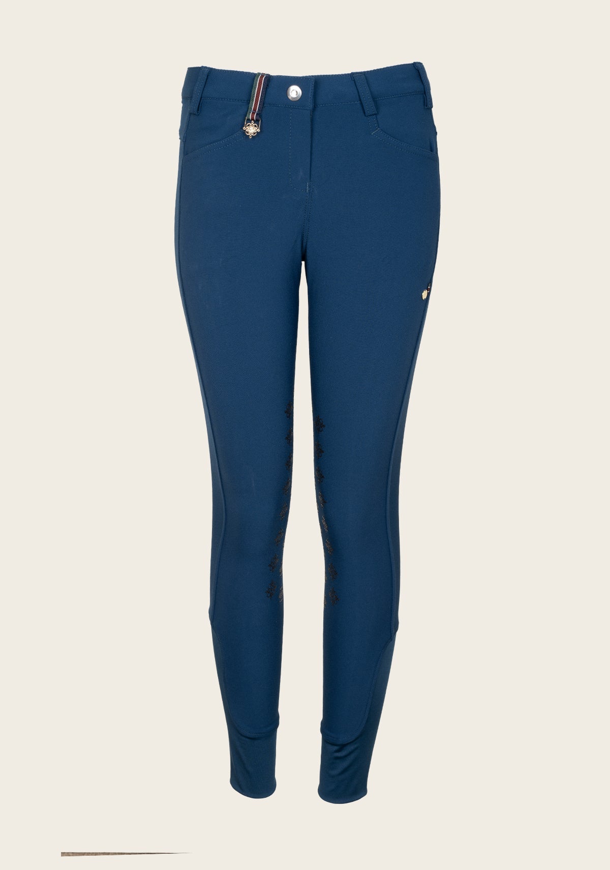 Front view of Espoir performance breech showing sleek fit, golden front fittings, and breathable stretch fabric.