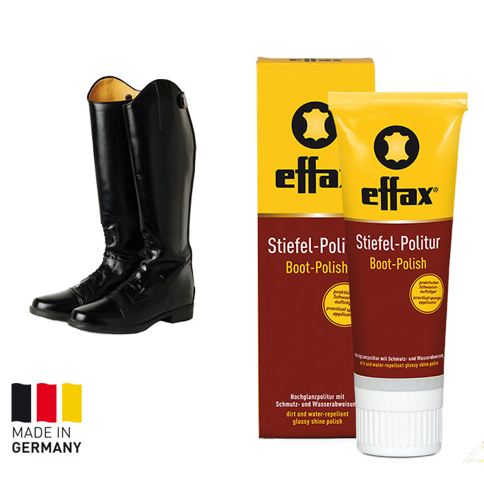 Black riding boots with effax Boot Polish packaging on a white background
