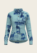 Front view of Espoir technical button shirt featuring gold collar button, hand-illustrated print, and structured athletic fit.