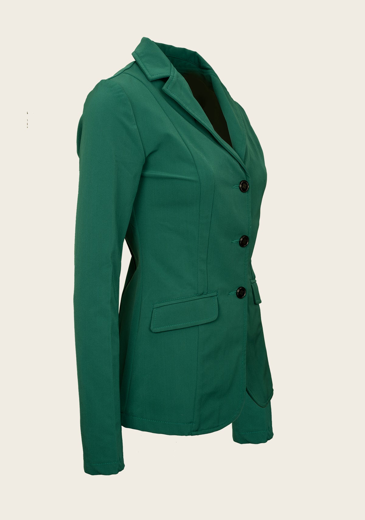 Side profile of Espoir show jacket highlighting contoured fit, sleeve button detail, and breathable technical fabric.