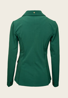 Back view of Espoir show jacket showing tailored structure, smooth seam lines, and elegant competition styling.