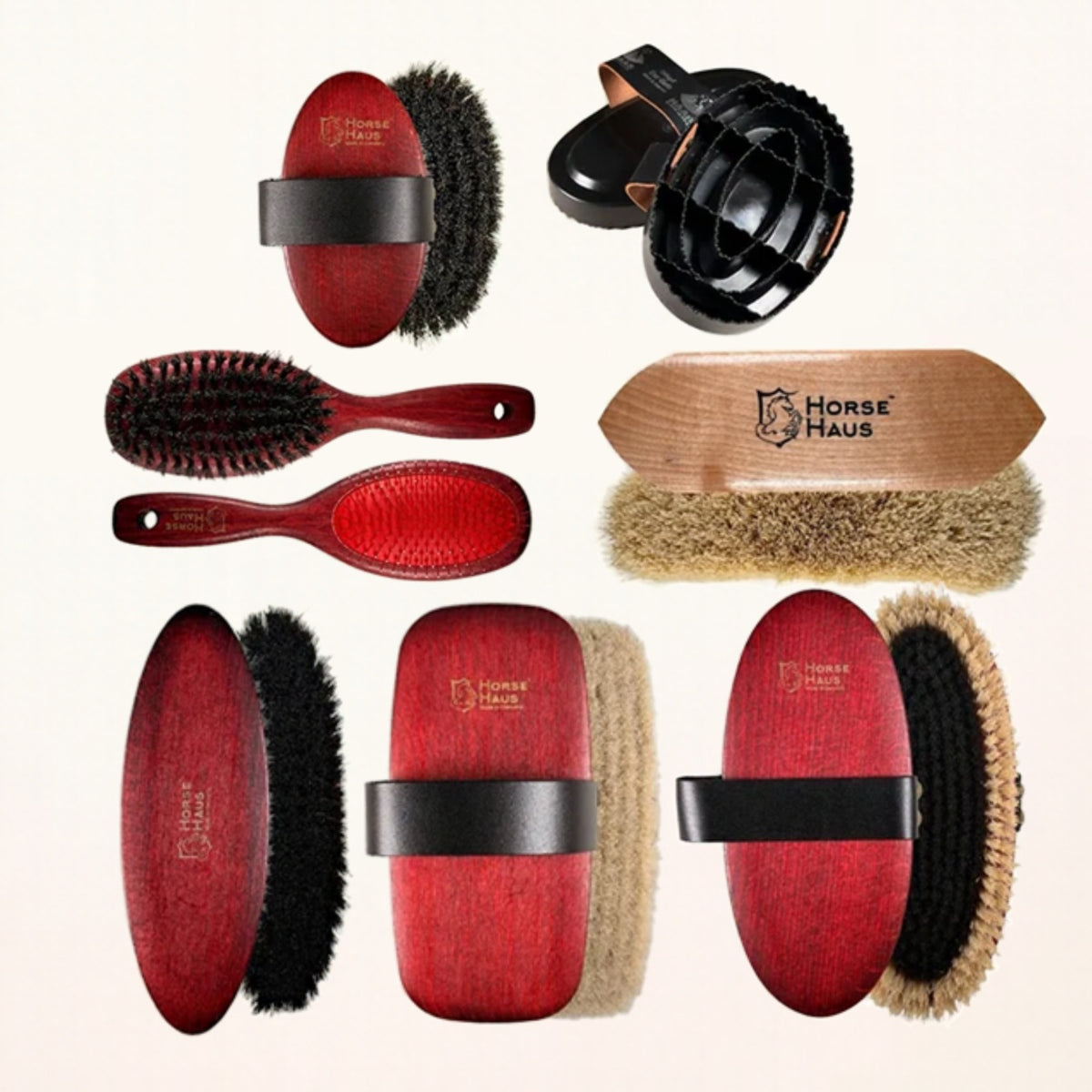 horsehaus natural grooming set Gold Deluxe FSC-certified beech wood and rosewood stain and natural bristles