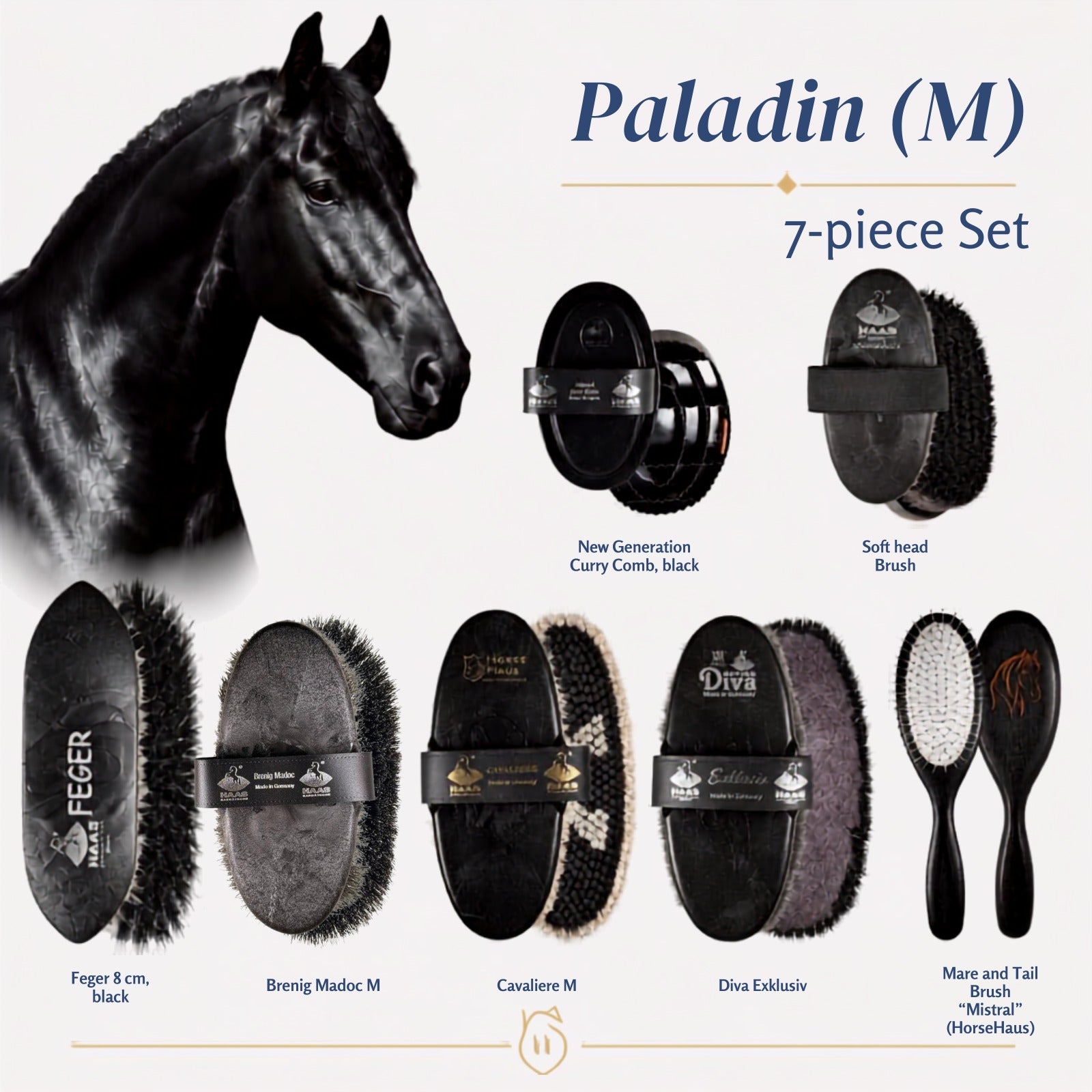 Haas Paladin Horse Grooming Set — Brushes for Dark Coats
