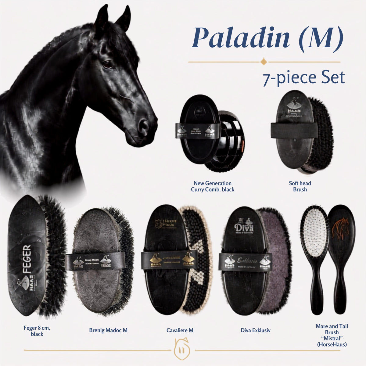 Haas horse grooming set black Paladin, curated by HorseHaus, containing 7 Haas brushes, including Cavaliere, Diva Exklusiv and Brenig Madoc