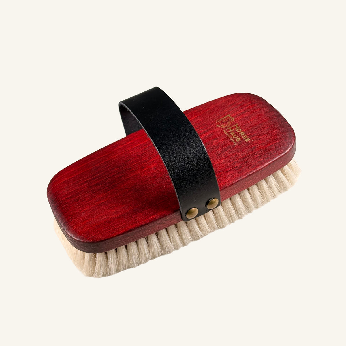 horsehaus soft horse finishing brush with goat hair brustles and leather strap 