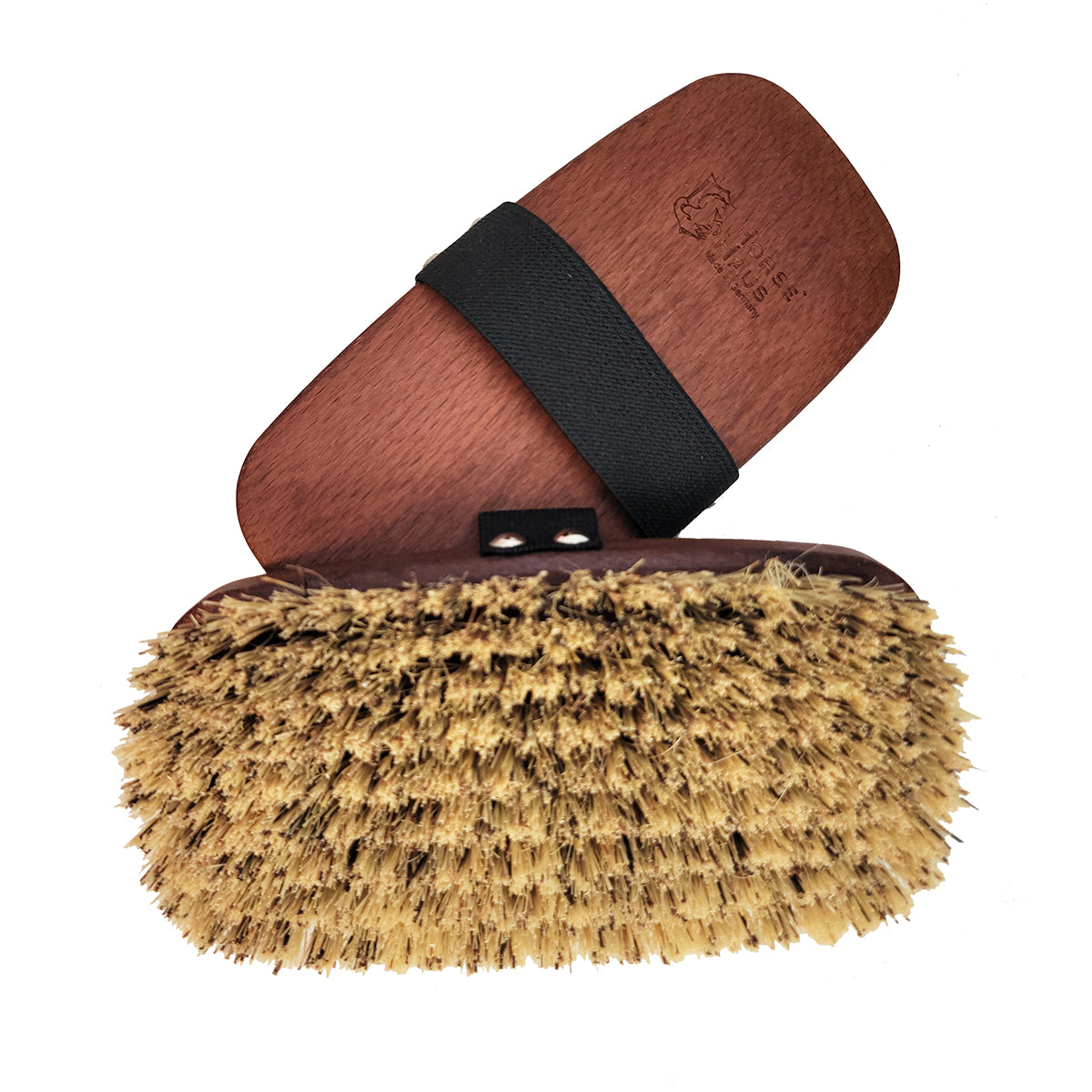 stiff horse grooming brush with natural bristles and brown wood base