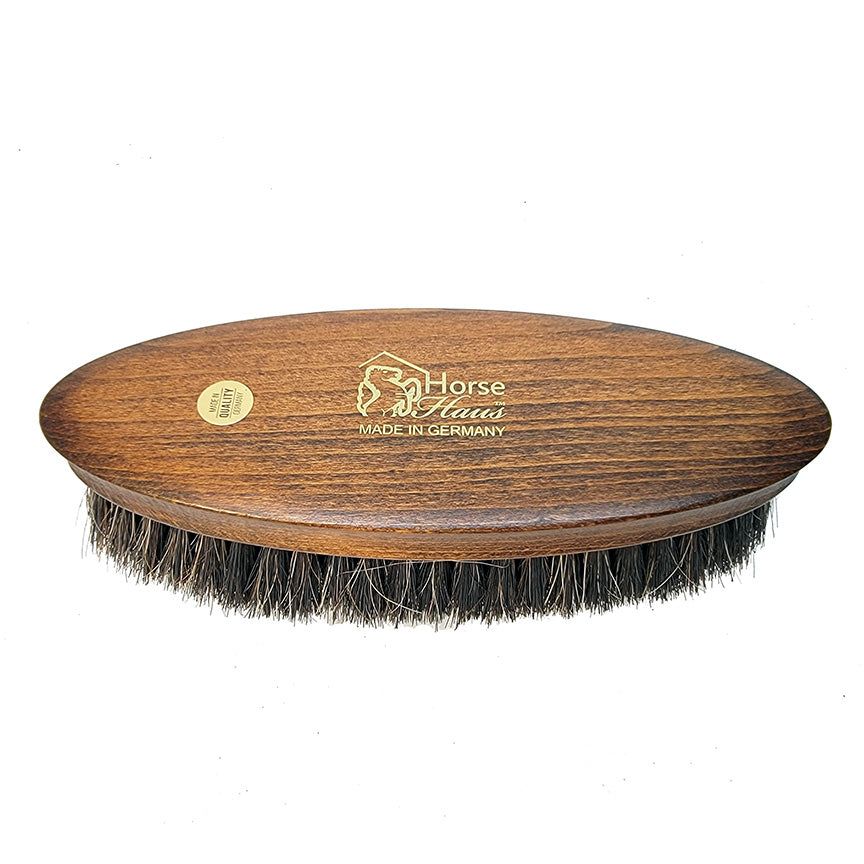 oval horse brush with soft bristles in walnut
